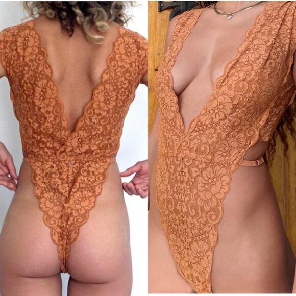 We Are HAH Free People Cut To The Chase Lace Bodysuit in Brown Sugar - Picture 14 of 14